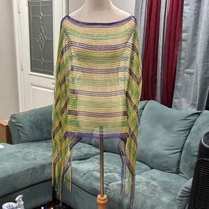 Lightweight Striped Fringe Poncho in Yellow, Green & Purple